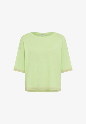 Lysegrøn t-shirt med korte ærmer, rund hals, løs pasform og simple kantdetaljer på ærmerne og i bunden.