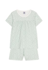 Korte mouwen pyjama's in lichtgroen met een bloemenpatroon. Het materiaal lijkt zacht; het bovenstuk heeft een geraffineerd ontwerp en de shorts zijn losjes passend.