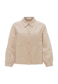 Beige overhem met een kraag, twee voorzakken en gathered mouwen. Gemaakt van een gladde stof, met een relaxte pasvorm en subtiele glans.