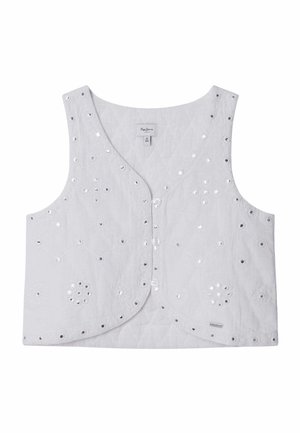 Chaleco blanco sin mangas con cierre de botones y bordado decorativo de ojales en toda la tela.