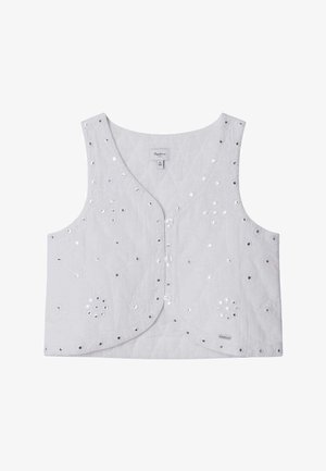 Chaleco blanco sin mangas con cierre de botones y bordado decorativo de ojales en toda la tela.