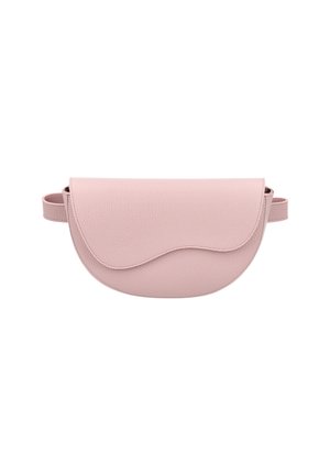 Geantă de umăr din piele roz, cu un design cu capac curbat, textură netedă, curea ajustabilă și estetică minimalistă.