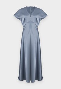 Μεταξωτό μίντι φόρεμα μπλε-γκρι απόχρωσης με κοντά φαρδιά μανίκια, V-λαιμόκοψη με μικρό φερμουάρ και εφαρμοστή μέση που καταλήγει σε φούστα σε σχήμα Α.