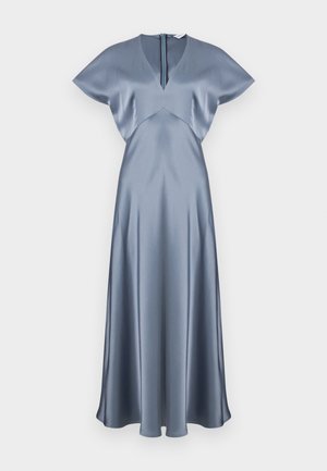 Blue-gray satin midi dress with short wide sleeves, a V-neckline with a small zipper, and a fitted waist flowing into an A-line skirt.
