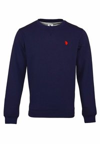 Navyblå långärmad sweatshirt med rund krage och en liten röd broderad logotyp på vänster bröst.