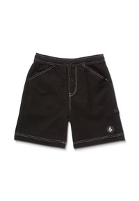Shorts noirs avec un cordon de serrage à la taille, des coutures blanches contrastantes, des poches latérales et un détail de logo rond sur la jambe droite inférieure.