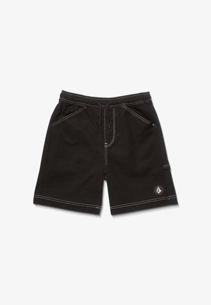 Shorts noirs avec un cordon de serrage à la taille, des coutures blanches contrastantes, des poches latérales et un détail de logo rond sur la jambe droite inférieure.