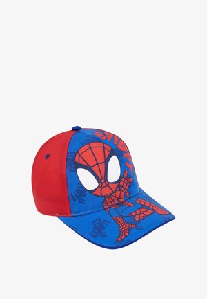 Rood en blauwe kindermuts met een Spider-Man ontwerp, gladde stof, gebogen rand en heldere grafische afbeeldingen van het personage en spinnen.