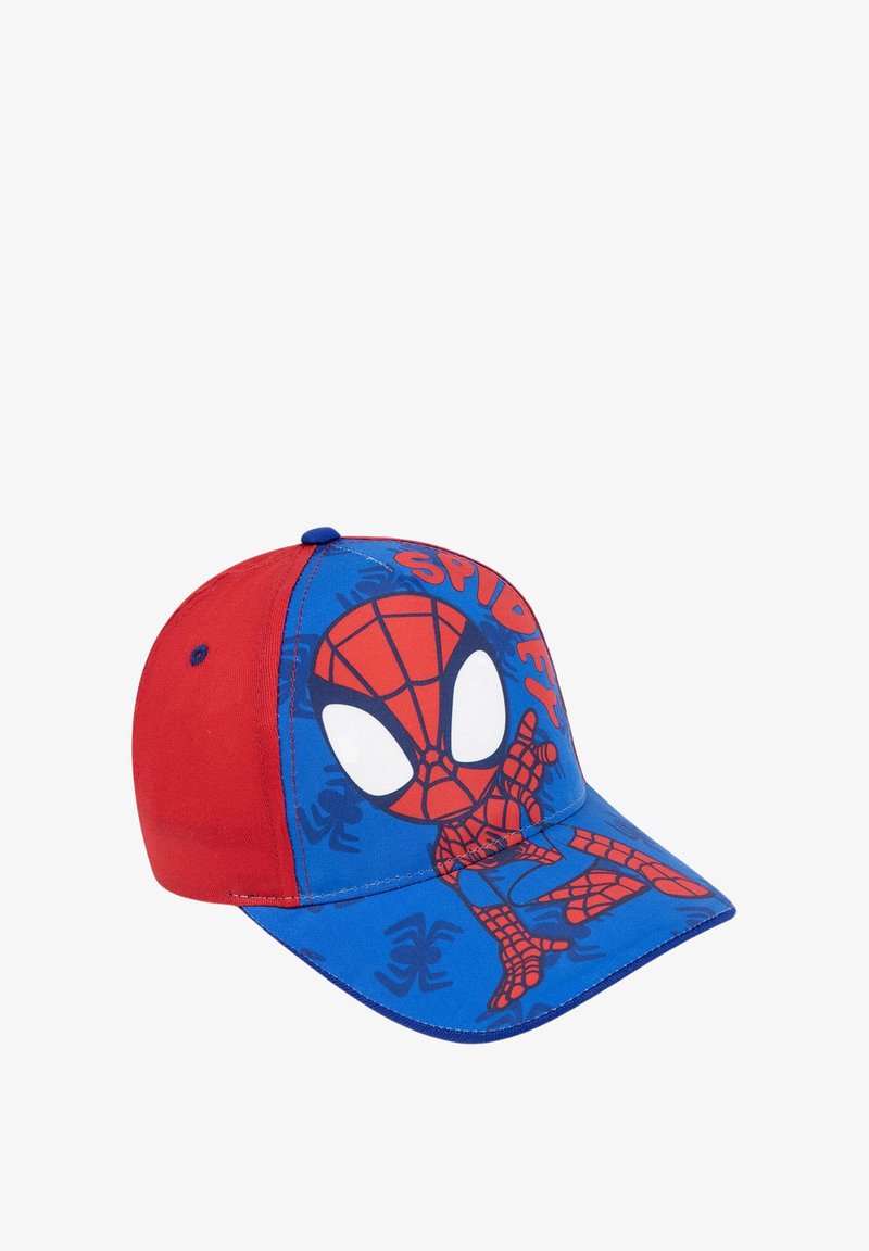 Red and blue child-sized cap featuring a Spider-Man design, smooth fabric, curved brim, and vibrant graphics of the character and spiders.