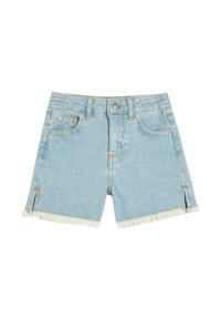Pantalones cortos de mezclilla de color azul claro con dobladillo deshilachado, diseño de cinco bolsillos, costura amarilla y aberturas laterales. Textura suave con un corte casual.