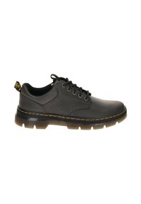 Dunkelgraue Lederturnschuhe mit schwarzen Schnürsenkeln, runder Zehenpartie, Gummisohle und gelben Nähten. Verfügt über eine Schlaufe an der Ferse.
