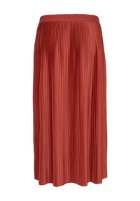 Gelaagde midi-rok in een rijke roestkleur. Gladde textuur met een brede tailleband en ingewikkelde verticale plooien door de hele rok.