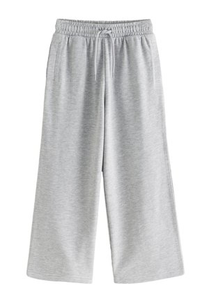 Svetlošedé široké teplákové nohavice s elastickým pásom a šnúrkou, vybavené bočnými vreckami a jemnou, fleecovou textúrou.