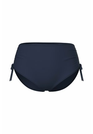 Hooggewaardeerde navyblauwe bikini onderkant met gerimpelde zijkanten, verstelbare strikaccenten en een gladde textuur, ontworpen voor comfort en bedekking.