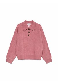 Långärmad rosa stickad tröja med en bred krage och tre stora bruna knappar på framsidan.