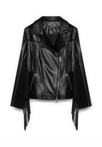 Giacca in ecopelle nera con zip frontale, ampi risvolti, dettagli frangiati sulle maniche e zip metalliche.