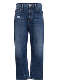 Blaue Jeans aus Denim mit lockerer Passform, sichtbar distressed, mit Fünf-Taschen-Design und Knopfverschluss an der Taille.