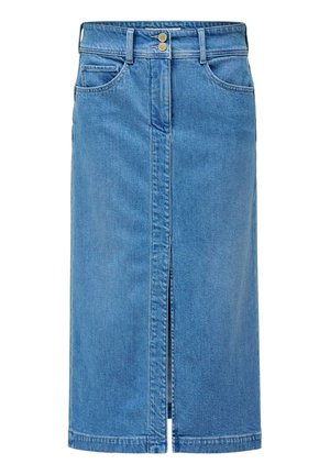 Falda midi de mezclilla en azul claro, con una abertura frontal, dos bolsillos laterales y un cierre de dos botones en la cintura. Textura suave.