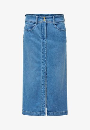 Falda midi de mezclilla en azul claro, con una abertura frontal, dos bolsillos laterales y un cierre de dos botones en la cintura. Textura suave.