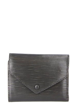 Black wallet with a textured, ribbed design. Features a flap closure with a rounded snap button. Compact rectangular shape.