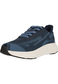 Männer Laufschuh mit einem blauen und schwarzen Strick-Obermaterial, strukturiertem Muster, kontrastierender weißer Zwischensohle und schwarzem Gummiaußensohle.