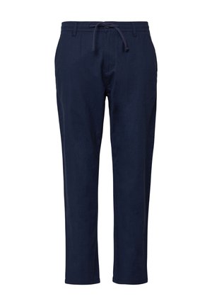 Pantaloni blu navy realizzati in tessuto morbido, con vita elastica e cordoncino, design a gamba dritta e senza motivi o dettagli visibili.
