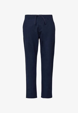 Navyblauwe broek van zacht stof, met een elastische tailleband met trekkoord, recht model en zonder zichtbare patronen of accenten.