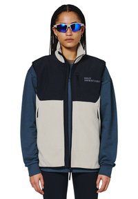Fleeceväst i ljusgrått och svart med hög krage, dragkedja fram och logotypdetalj. Matcher med en blå långärmad skjorta under.