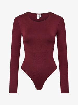 Burgunderfarget langermet bodysuit laget av glatt, elastisk stoff; har rund hals og en thong-bunn med trykknapp.