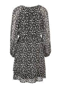 Langärmliges Schwarz-Weiß-Kleid mit einem transparenten Stoff im Blätterdesign, lockerer Passform, gerafftem Ausschnitt und Taillenschnürung.