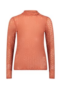 Langsleeve turtleneck top in koraal kleurige kant, met een gestructureerd patroon en een getailleerd ontwerp. Zacht, lichtgewicht materiaal met een gladde afwerking.