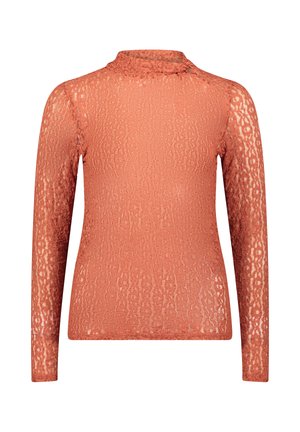 Langærmet turtleneck bluse i koralfarvet blonde, med et struktureret mønster og en tætsiddende pasform. Blødt, let materiale med en glat overflade.