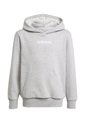 Sweat à capuche Adidas gris clair avec poche kangourou à l'avant, poignets et ourlet côtelés, et logo Adidas blanc centré sur la poitrine.