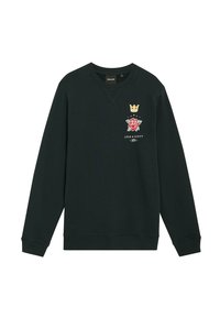 Schwarzes Sweatshirt mit langen Ärmeln, Rundhalsausschnitt, gestickten Kronen- und Rosenmotiven sowie weißer ‚Lyle & Scott‘-Markenkennzeichnung. Mischgewebe aus Baumwolle.