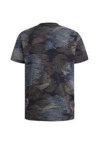 Short-sleeve t-shirt in dark blue with abstract light blue and beige patterns, featuring a crew neck and soft cotton fabric.