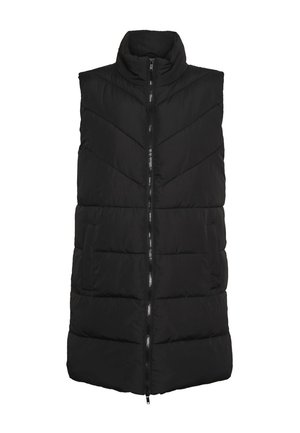 Svart puffervest med høy krage, horisontal og chevron-søm, frontlukking med glidelås, og to sidelommer. Glatt, matt overflate.