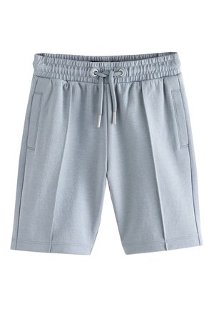 Shorts décontractés gris clair avec taille élastique et cordon, dotés de poches latérales et de détails cousus.