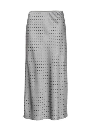 Grå satin kjol med svarta prickar, midilängd, mjuk textur, elastisk midja och rak skärning. Inga synliga knäppningar.