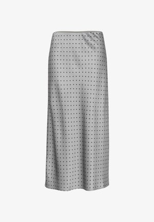 Grey satin skirt with black polka dots, mid-length design, smooth texture, elastic waistband, and a straight cut. No visible fastenings.