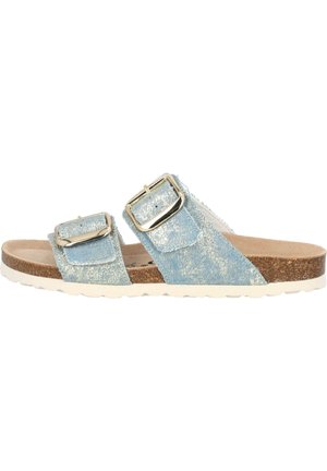 Sandales en denim à glissière avec deux boucles réglables, couleur bleu clair, semelle intérieure en liège et surface texturée. Semelle en caoutchouc blanc pour l'adhérence.