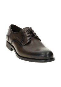 Bruine leren dresschoen met een gladde afwerking, ronde neus en vetersluiting. Heeft een gestructureerde zool voor grip en subtiele stikdetails.