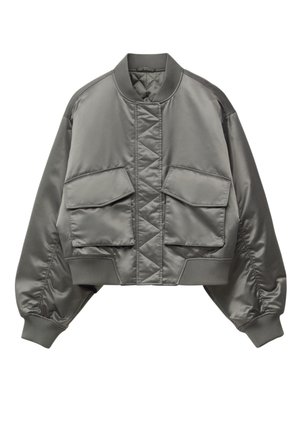 Cropped bomber jacket in metallic grey satin. Features a quilted front, two large chest pockets, and ribbed cuffs and hem.