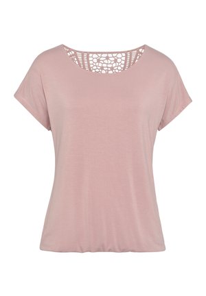 Rosa T-Shirt mit kurzen Ärmeln und Rundhalsausschnitt. Auffällige Spitzenähnliche Detailgestaltung im Rücken und eine weiche, glatte Textur.