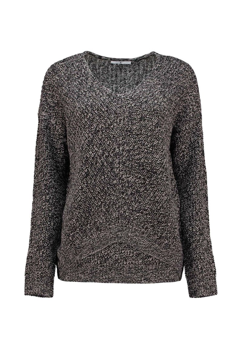 Locker geschnittener, übergroßer Pullover in Schwarz- und Weißtönen mit V-Ausschnitt, langen Ärmeln und einem strukturierten Muster. Saum und Bündchen sind gerippt.