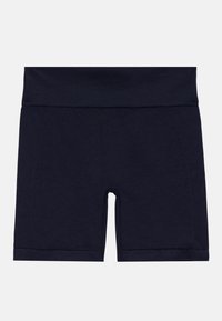 Pantalones cortos de algodón azul marino con una cintura elástica, silueta ajustada y textura suave. Presenta costuras laterales y un dobladillo en la parte inferior.