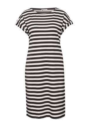 Vestito a righe orizzontali bianche e nere con maniche corte, scollo rotondo e una vestibilità comoda fino al ginocchio.