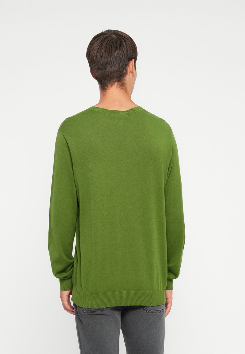 Zielony sweter z długim rękawem i okrągłym dekoltem, z prążkowanymi ściągaczami na rękawach i dolnym brzegu; gładka tekstura i luźny krój, pokazany z tyłu na jednolitym tle.