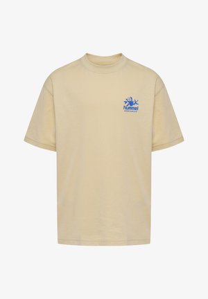 Lys beige t-shirt lavet af bomuld, med rund halsudskæring, korte ærmer og et blåt trykt logo på brystet.