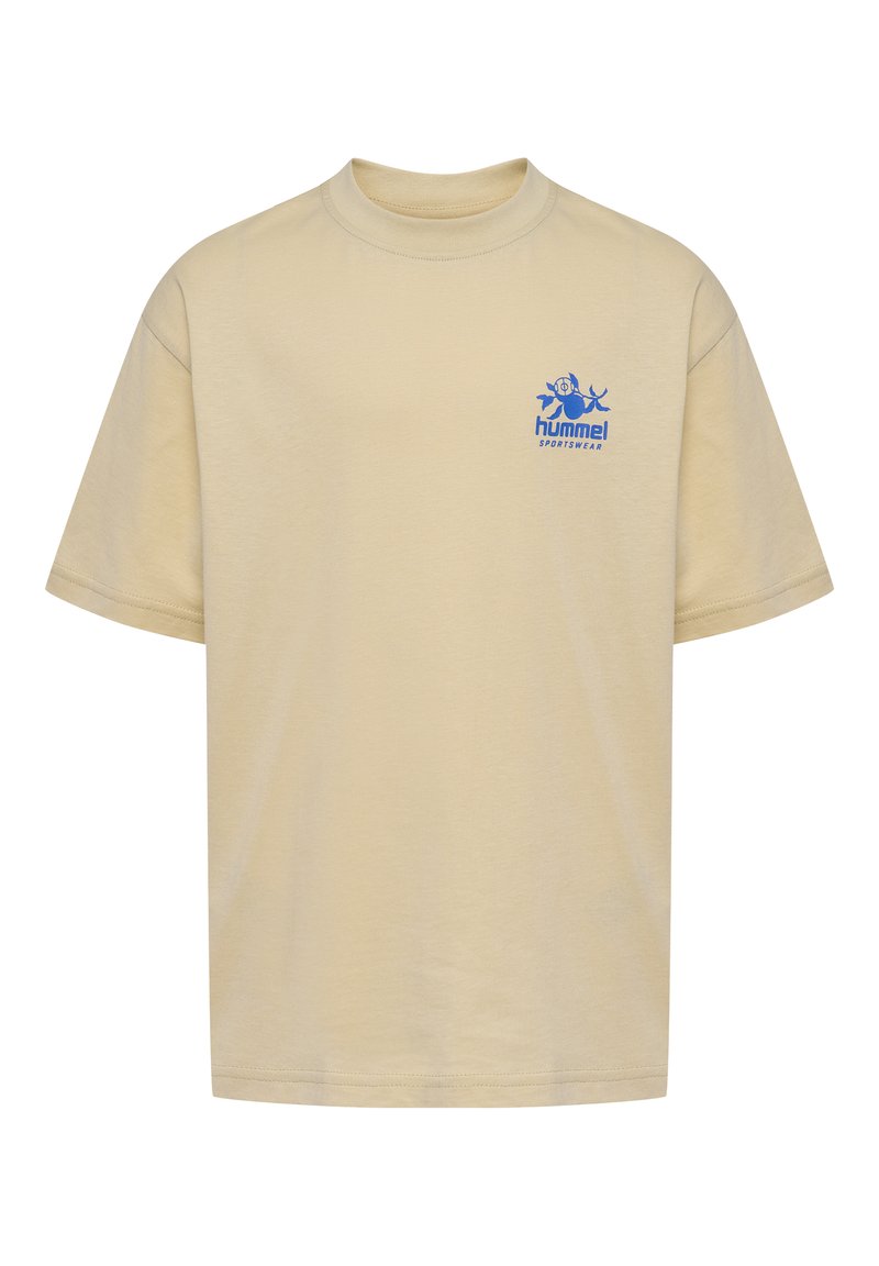 Lys beige t-shirt lavet af bomuld, med rund halsudskæring, korte ærmer og et blåt trykt logo på brystet.