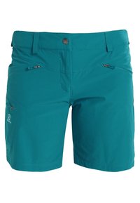 Teal shorts gjorda av lättviktig tyg. Har två framfickor med dragkedja och knappstängning. Rena linjer med modern passform.